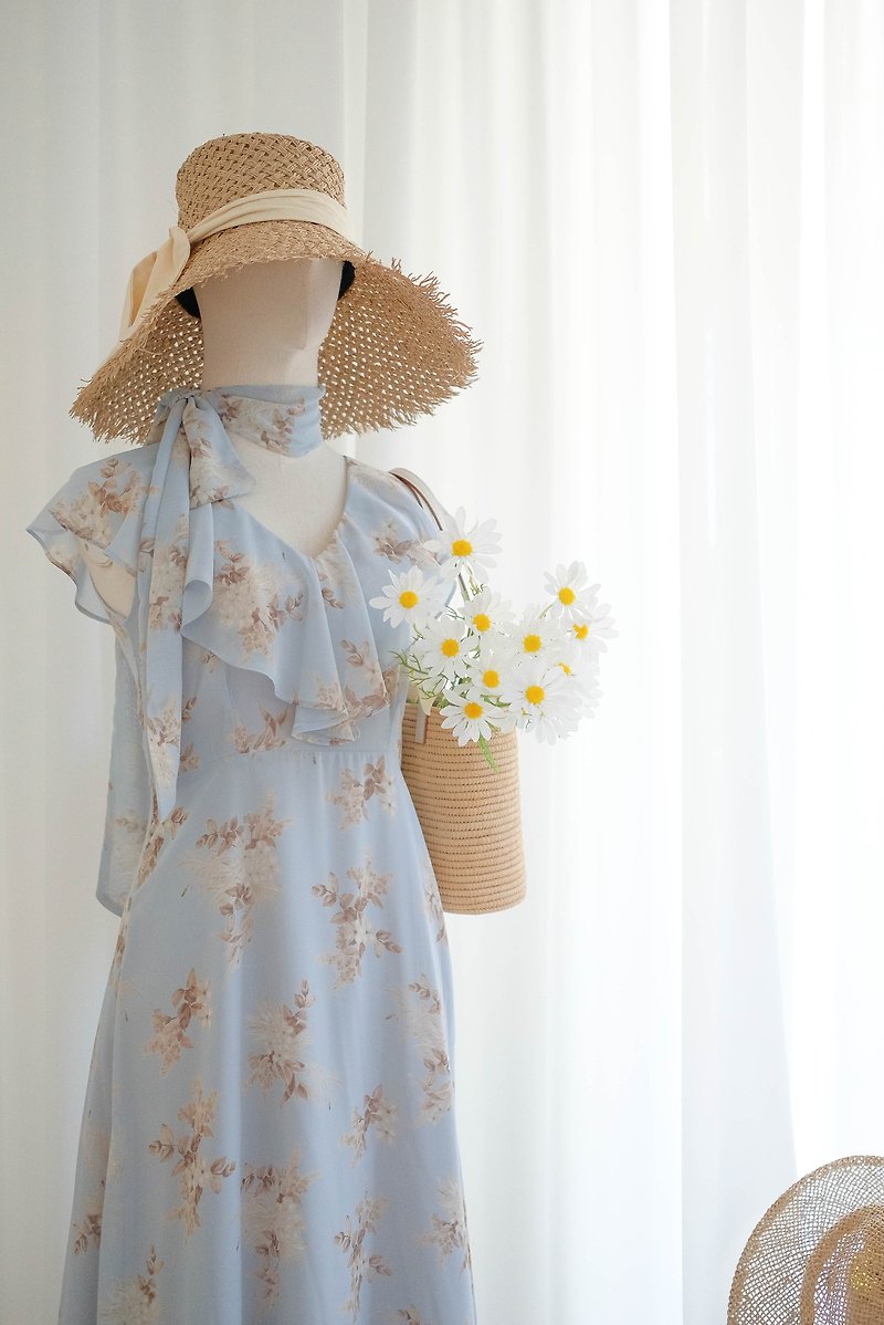 Dusty blue floral bridesmaid dress Spring Summer Party cocktail maxi dress - Evening Dresses & Gowns - Polyester Blue