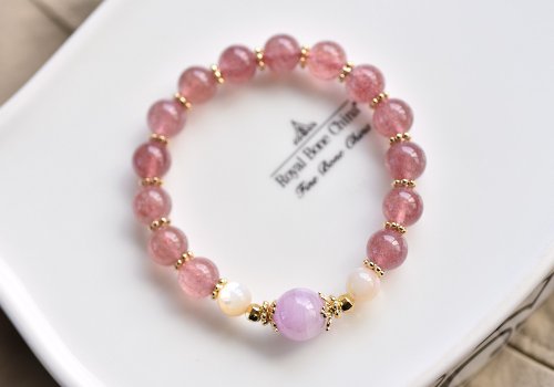 CaWaiiDaisy Handmade Jewelry 草莓晶+紫鋰輝+珍珠貝黃銅鍍金手鍊