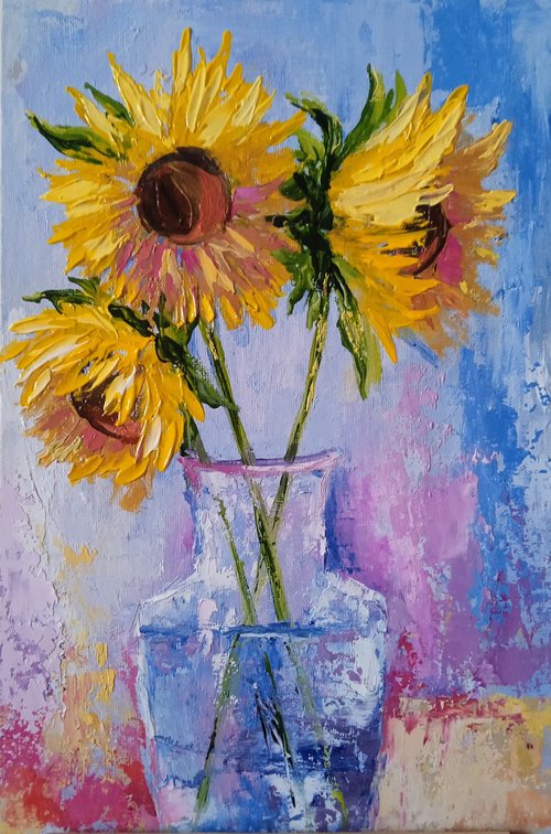 ひまわりの絵 花の絵 オリジナルの絵画 キャンバスに油彩