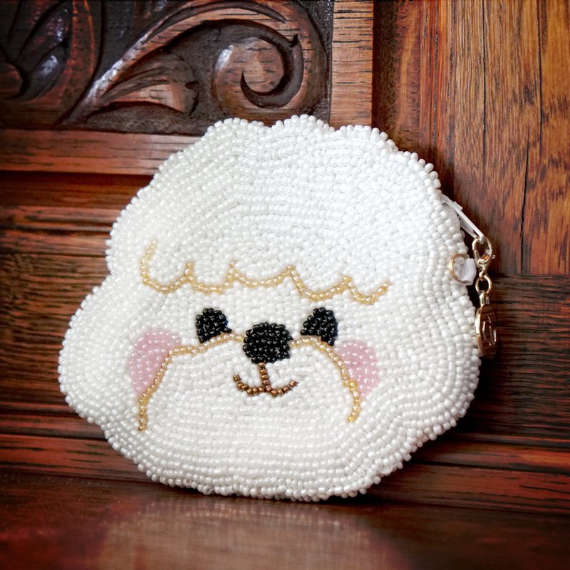 Beaded Coin Purse - Bichon Frise - กระเป๋าใส่เหรียญ - ผ้าฝ้าย/ผ้าลินิน ขาว