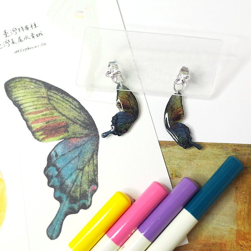 Taiwan's unique glass-banded swallowtail butterfly painting earrings 925 white ear needle/ Clip-On - ต่างหู - วัสดุกันนำ้ สีดำ