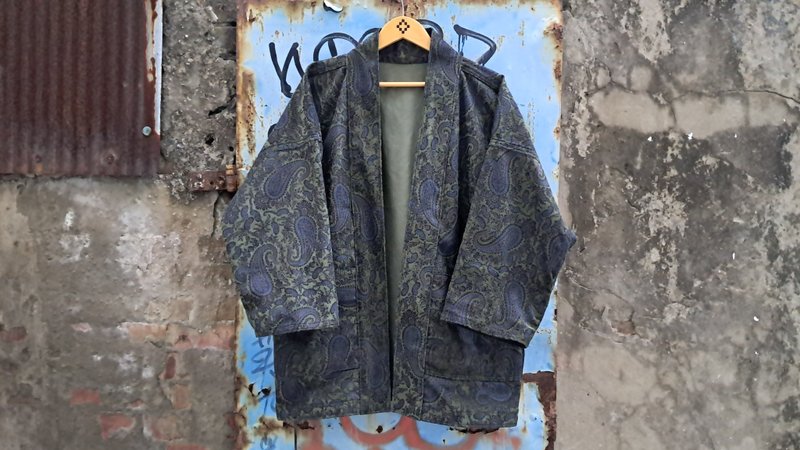 AMIN'S SHINY WORLD Olive Green Corduroy Paisley Full Print KIMONO Reversible - Men's Coats & Jackets - Cotton & Hemp Multicolor