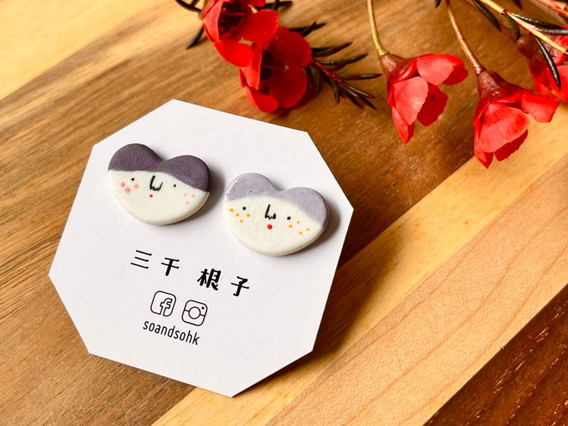 Miss Hairy Porcelain Stud Earrings - ต่างหู - ดินเผา สีม่วง