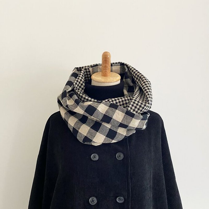 Made in Japan 100% cotton gingham check pattern snood monotone - Knit Scarves & Wraps - Cotton & Hemp Black