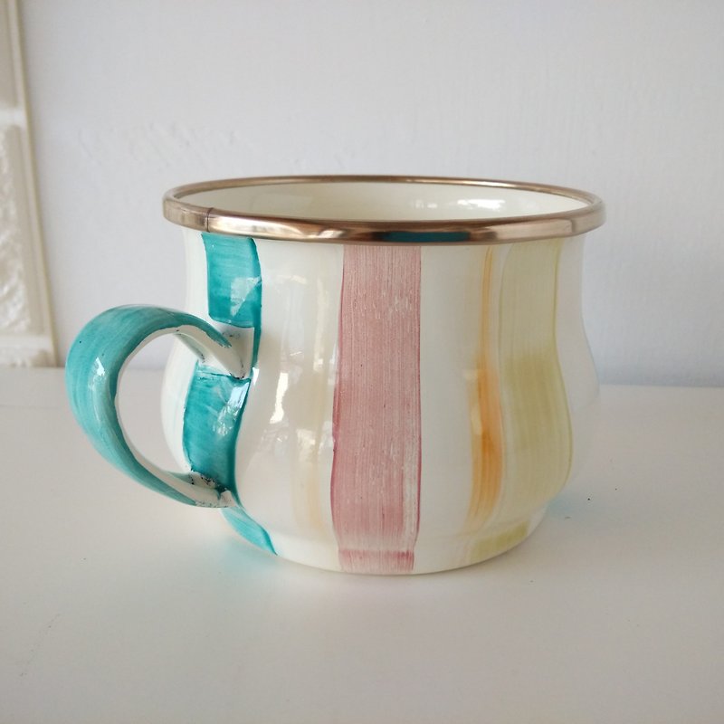 Color striped enamel cup | 400ml | Teacup | Coffee cup - Mugs - Enamel Multicolor