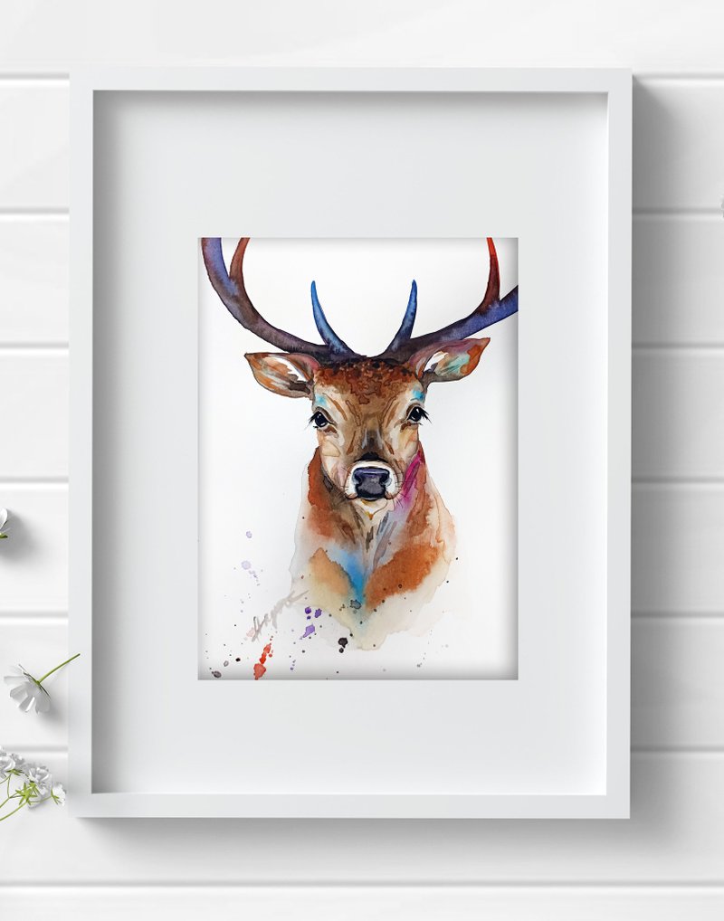 Deer watercolor original animal 8x11 inch aquarelle painting by Anne Gorywine - 壁貼/牆壁裝飾 - 紙 銀色