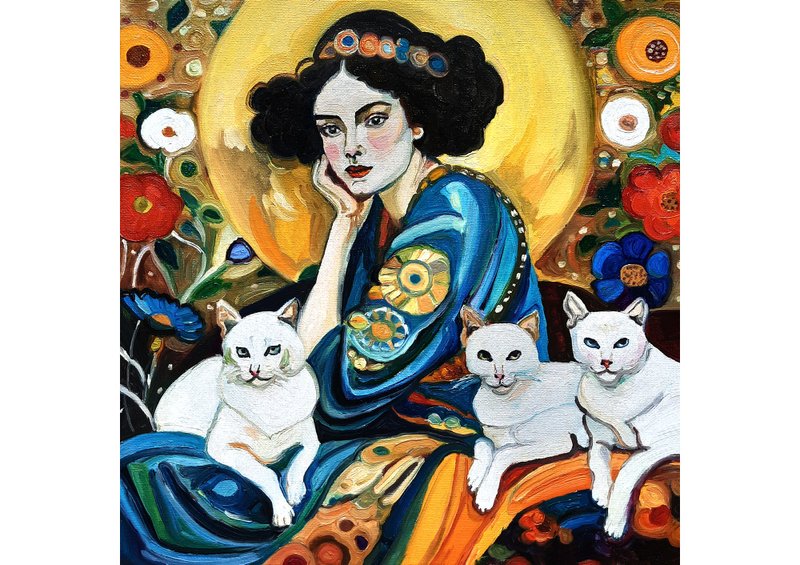 原創畫Girl with White Cats Painting  Art  Original Art  Oil Painting  Oil On Canvas - ตกแต่งผนัง - วัสดุอื่นๆ สีเขียว