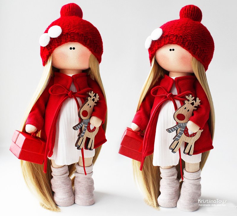 Christmas handmade doll 28 cm in a bright red outfit with a reindeer - Stuffed Dolls & Figurines - Other Materials Red