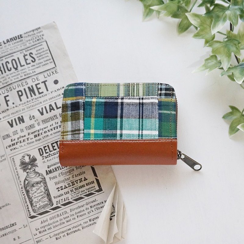 Patchwork plaid ◆ Small round fastener purse 【Green】 - Coin Purses - Cotton & Hemp Green