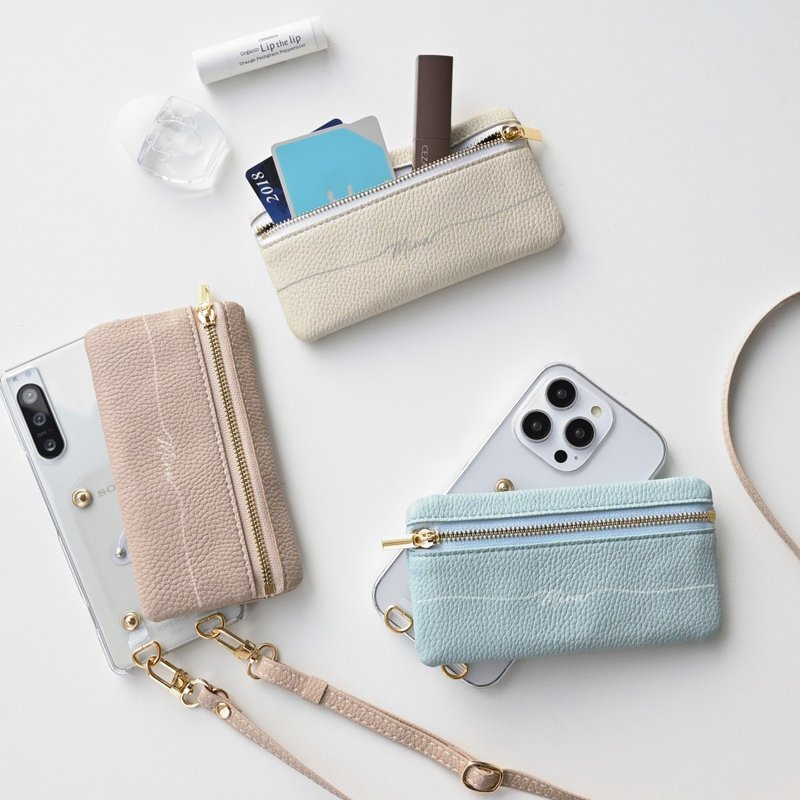 多機種対応 回転式 クリア スマホケース 【 トップファスナーポーチ 名入れ 】 スマホショルダー カードケース コインケース 財布 くすみカラー BE16U - 手機殼/手機套 - 人造皮革 咖啡色