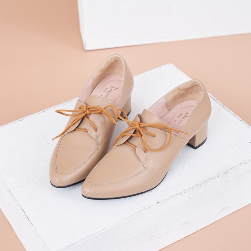 Wide last air cushion_simple strappy pointed toe low heel derby shoes milk tea - รองเท้าอ็อกฟอร์ดผู้หญิง - หนังแท้ สีกากี