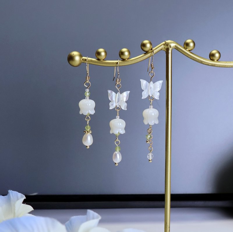 Lemon handmade natural white butterfly lily of the valley earrings/American 14K - Earrings & Clip-ons - Jade White