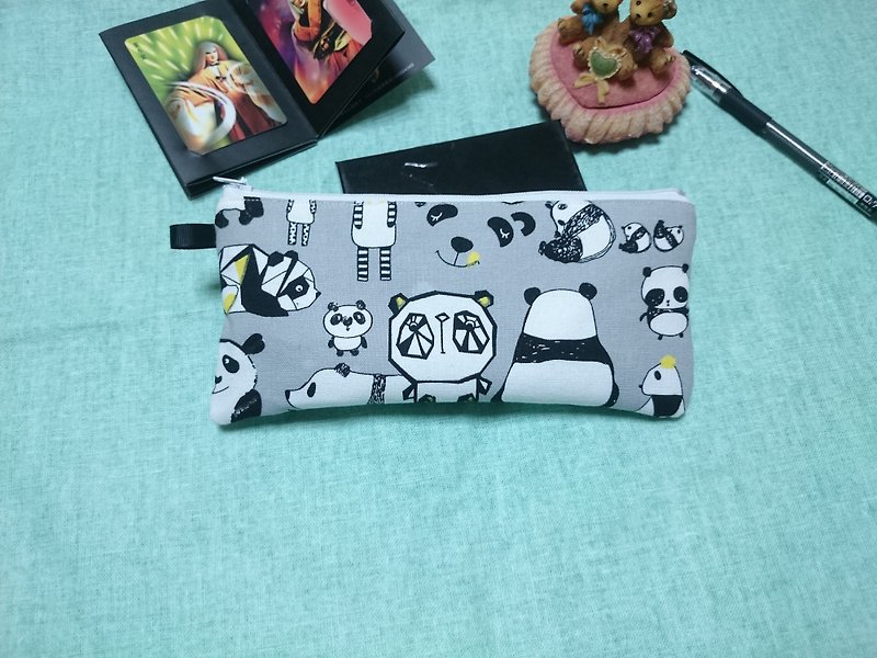 Gray bottom panda pen bag / storage bag universal bag pencil case cosmetic bag*SK* - Pencil Cases - Cotton & Hemp Gray