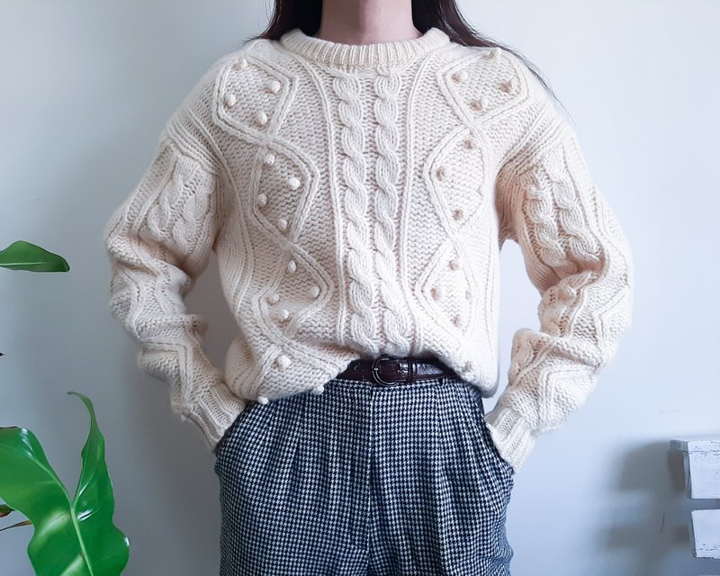 1970年代 フィッシャーマン アラン ウール セーター クリーム ウール ケーブルニット セーター サイズ M L - ニット・セーター - ウール カーキ