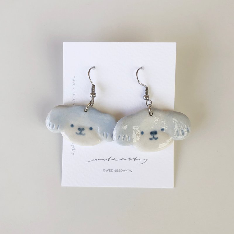 Dog face face toot white porcelain earrings - Earrings & Clip-ons - Porcelain Blue