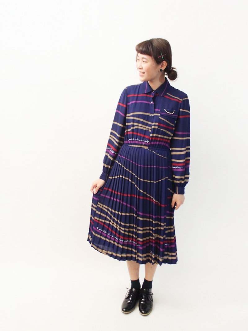 Vintage Early Spring Japanese Geometric Figures Stripes Deep Blue Long Sleeve Vintage Dress - ชุดเดรส - เส้นใยสังเคราะห์ สีน้ำเงิน