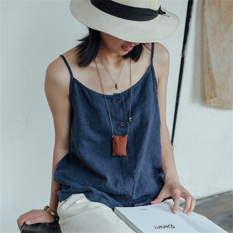 Indigo Retro Linen Spaghetti Strap Top Retro Simple Camisole - เสื้อกั๊กผู้หญิง - ผ้าฝ้าย/ผ้าลินิน สีน้ำเงิน