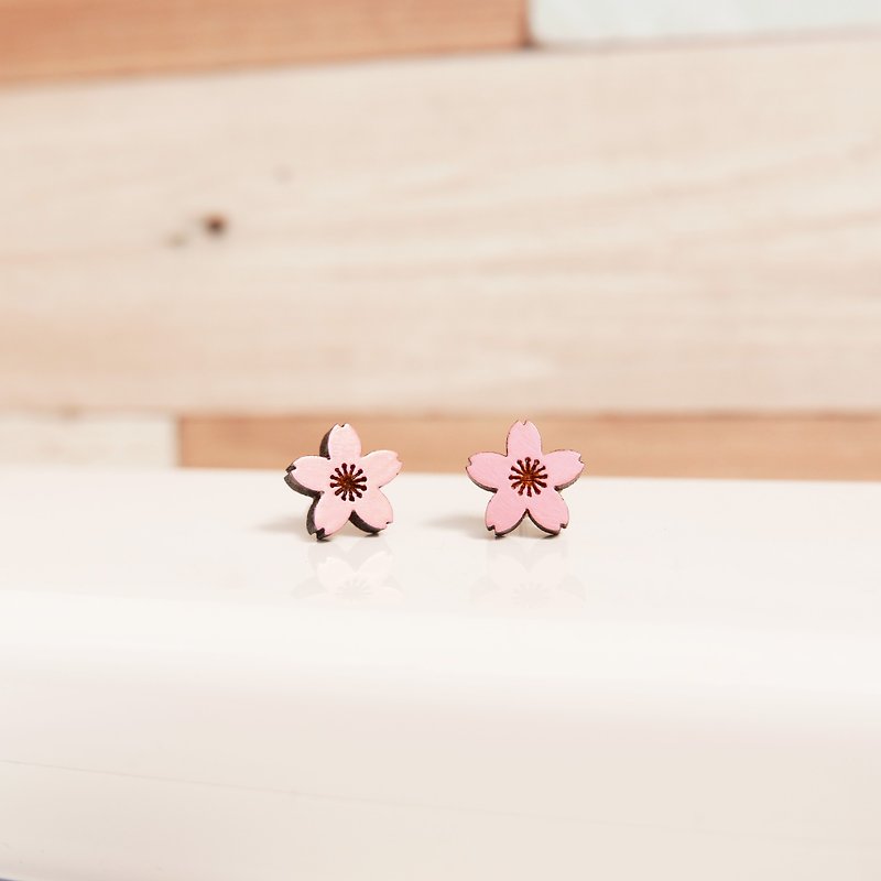 Small wooden earrings-cherry blossom-(pink) - Earrings & Clip-ons - Wood Pink