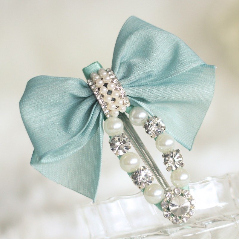 ファッション弓の真珠のヘアピン - ヘアアクセサリー - シルク・絹 ブルー