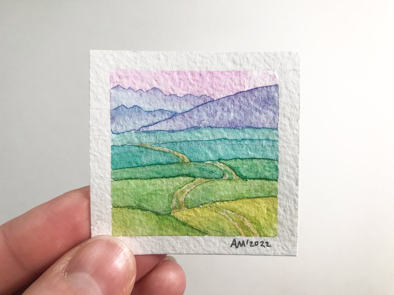 Original watercolor art Miniature painting Small Tiny wall art 2 x 2 inches - ตกแต่งผนัง - กระดาษ หลากหลายสี