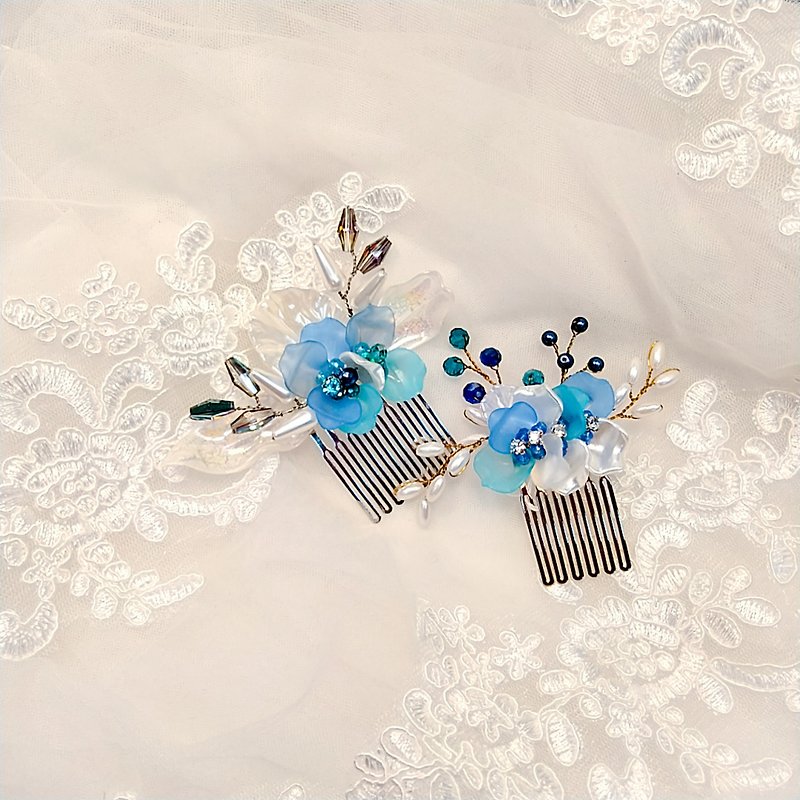 戴上幸福的飾 嬌若春花系列-新娘髮梳.法國梳.自助婚禮-組合藍 - 髮飾 - 其他金屬 藍色