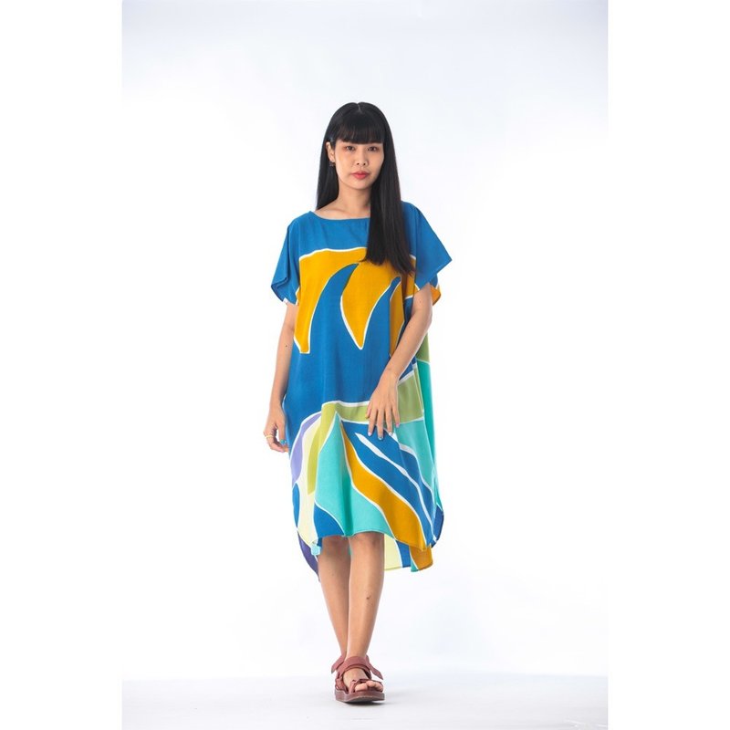Hand Painted Cotton Rayon Kaftan for Summer Resort Vacation - 洋裝/連身裙 - 棉．麻 藍色