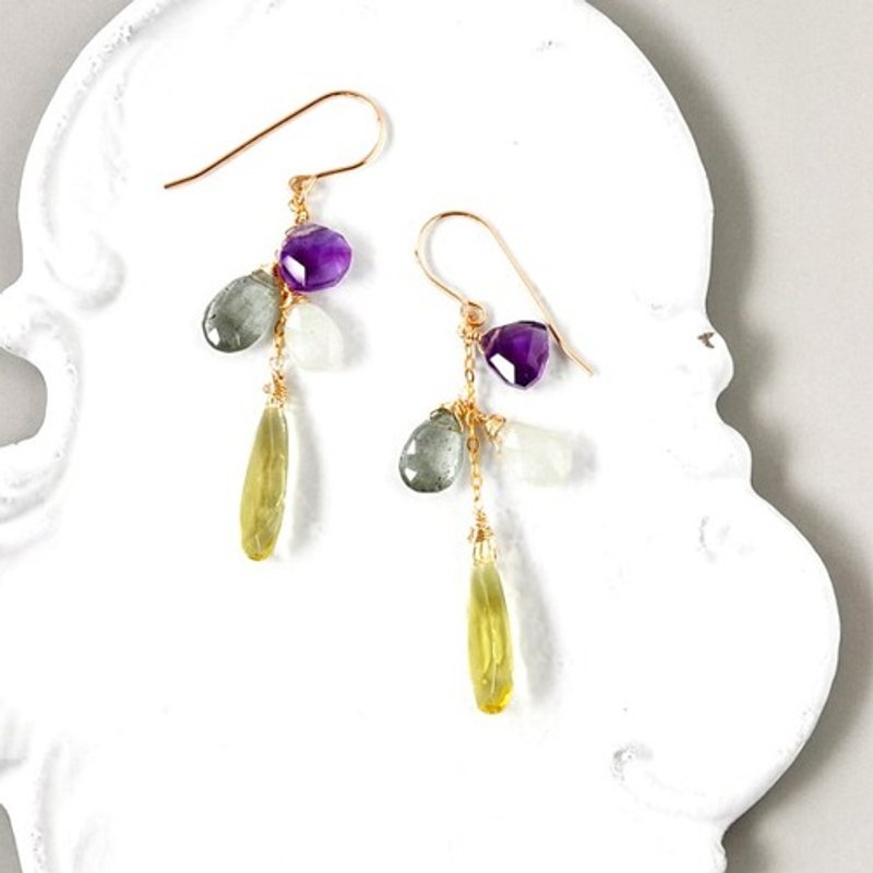 14kgf/[Autumn Color for Adults] Lime Green Sapphire x Moss Aquamarine x Lemon Quartz Earrings - Earrings & Clip-ons - Gemstone 