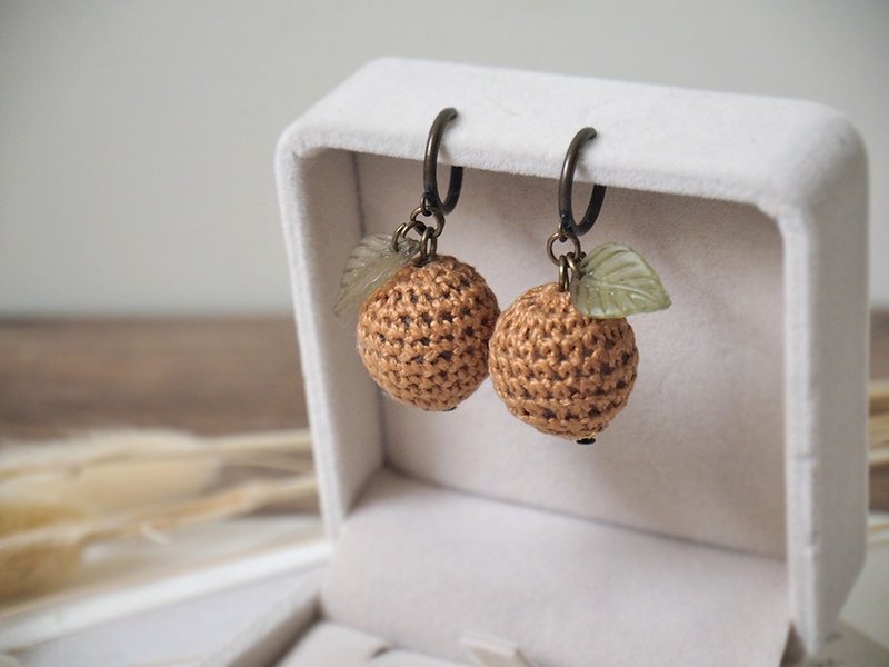 Autumn fruit wool woven ball small green leaf clip earrings can be changed to ear hook P61 - Earrings & Clip-ons - Cotton & Hemp Brown