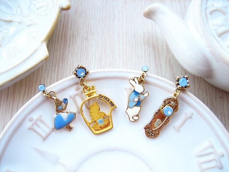 Alice Colorful Series-Alice and Mr. Rabbit Drink Me Earrings in a Bottle - ต่างหู - โลหะ สีน้ำเงิน