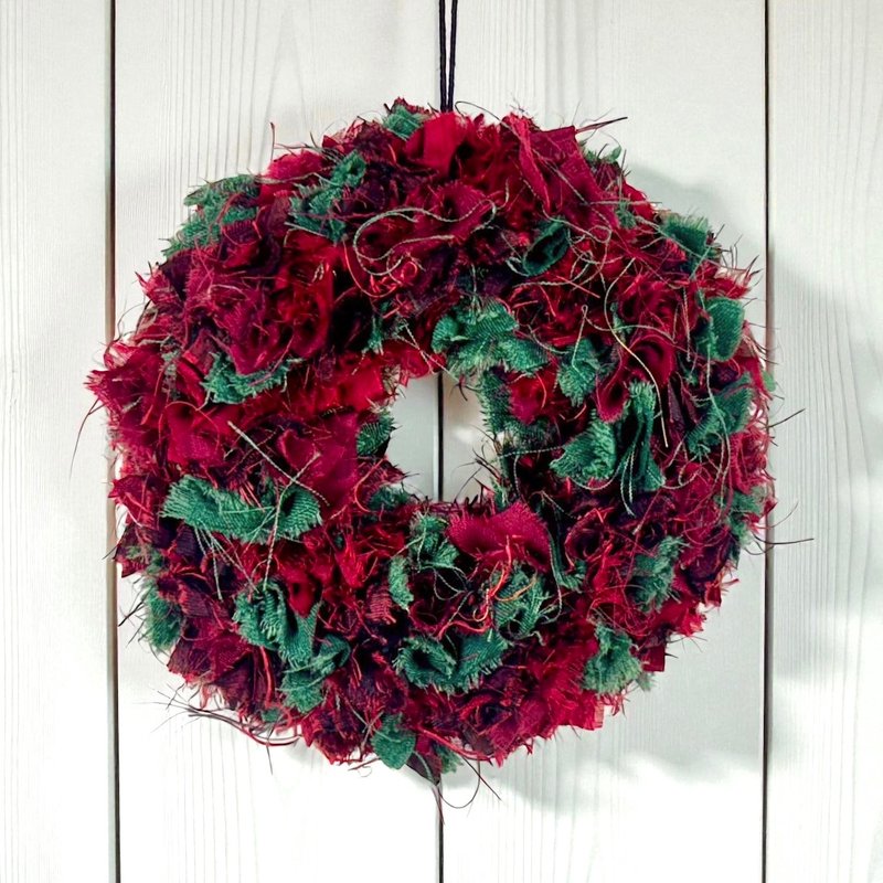 ファブリックリース || キモノリメイク  || クリスマスカラー - 乾燥花/永生花 - 絲．絹 紅色