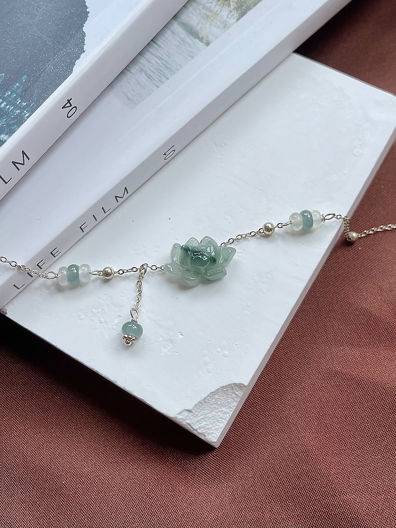 Myanmar Jade A Cargo Jadeite-Ice Blue Water Floating Flower Lotus Jade 925 Silver Bracelet Natural Stone Jewelry Gift - Bracelets - Jade Silver