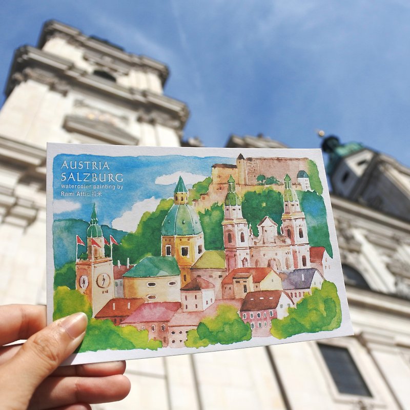 Rami歐洲旅行水彩手繪風明信片-奧地利薩爾茲堡 - 心意卡/卡片 - 紙 卡其色