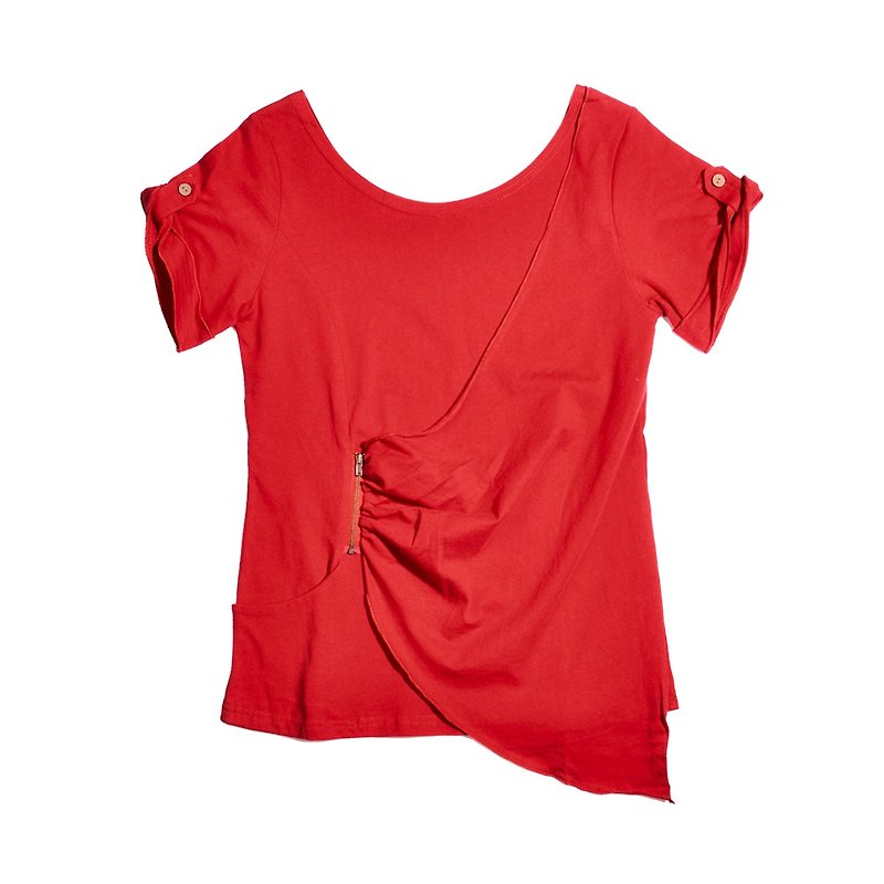 Womens Shirt Summer Zipper Mock Shirt-red - เสื้อผู้หญิง - ผ้าฝ้าย/ผ้าลินิน สีแดง