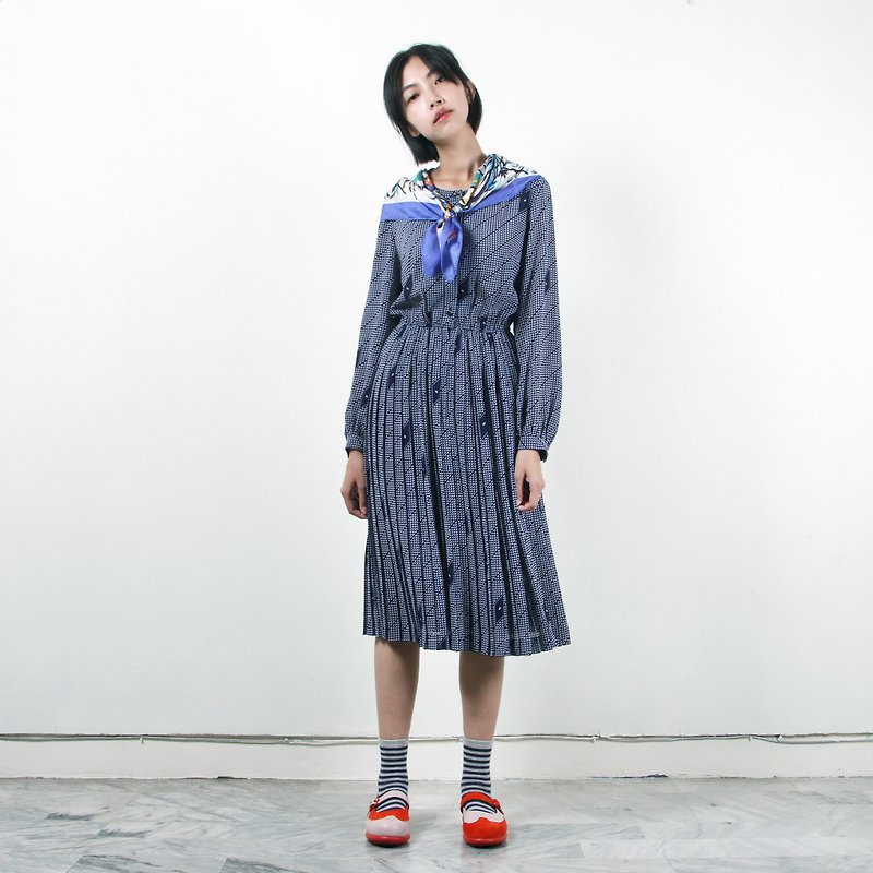 [Egg plant ancient] Narcissus corrugated printed pleated ancient dress - One Piece Dresses - Polyester Blue