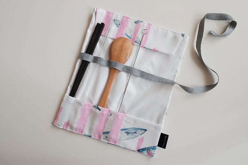Cutlery bag eco-friendly tableware storage straw storage bag cutlery cloth cover-saury print - Other - Polyester Pink