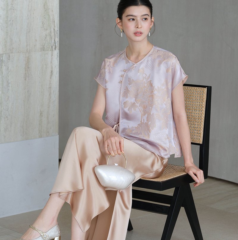 【桑蠶絲】新中式復古中國風 人絲提花/垂墜上衣/半裙 - 女上衣/長袖上衣 - 絲．絹 粉紅色