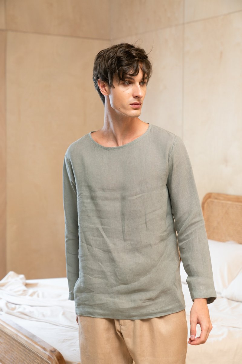 Pale green men's linen t-shirt, WEEKEND Solstice, Wide crew neck long sleeve - 男襯衫/休閒襯衫 - 棉．麻 綠色