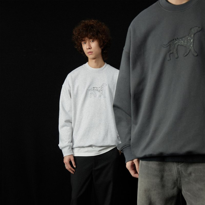 Dalmatian raw edge patch embroidery loose round neck sweatshirt simple and casual today no wind - Men's T-Shirts & Tops - Cotton & Hemp Gray