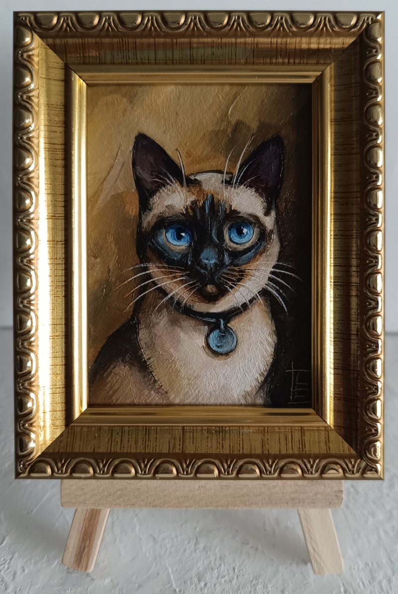 ACEO オリジナル シャム猫の絵画 ティナ チャット アート 2.5 x 3.5 インチ - ウォールデコ・壁紙 - 金属 ゴールド