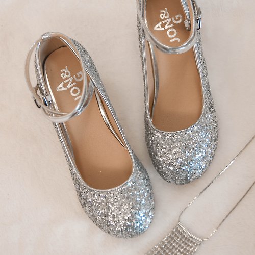 ANG&JON 銀色女童格麗特公主宴會鞋高跟鞋閃光亮色鞋子
