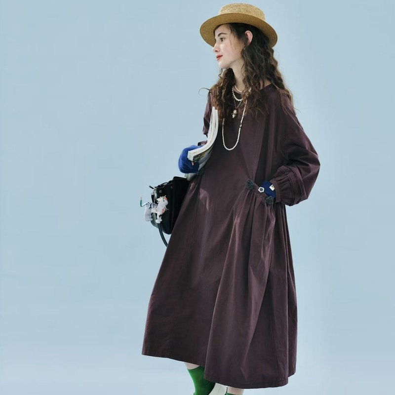 Dusty Rose Vintage Washed Corduroy Long-Sleeved Dress with Pockets - ชุดเดรส - ผ้าฝ้าย/ผ้าลินิน สีม่วง