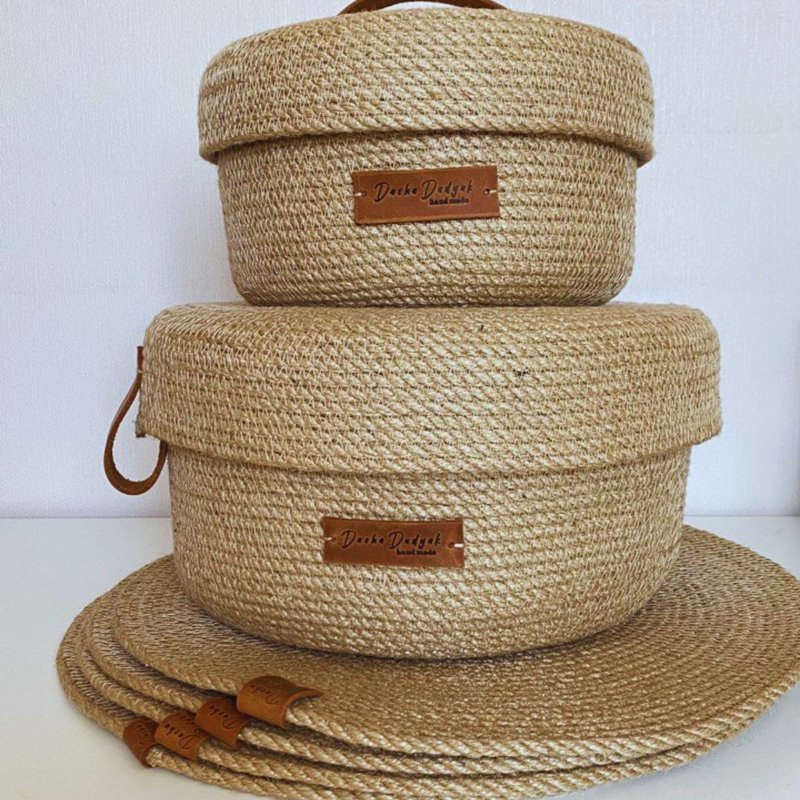 Jute Basket Round placemats Storage basket Set of 6 Rope baskets with lid - 層架/置物架/置物籃 - 環保材質 