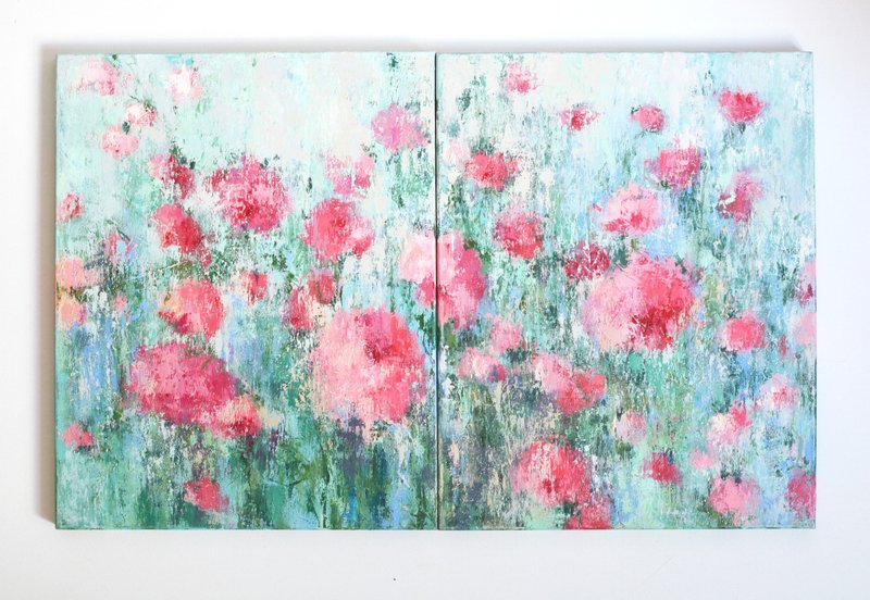 原創畫布油畫 50x80cm 牡丹抽象花卉現代藝術 - 壁貼/牆壁裝飾 - 其他材質 粉紅色