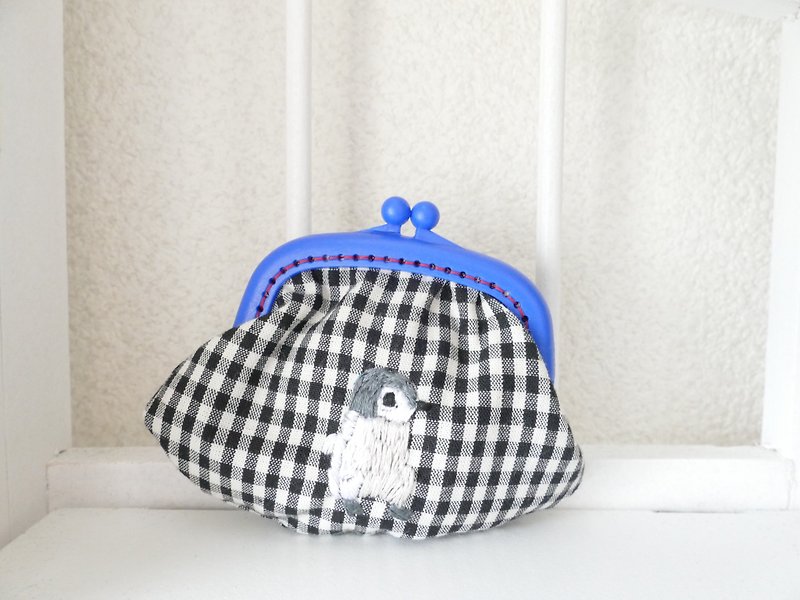 Embroidered Gamaguchi Gingham Check Penguins Baby - Coin Purses - Cotton & Hemp Blue