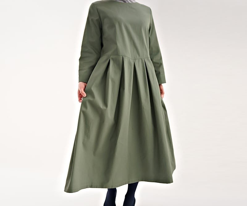 Exposing base high-density cotton waist tuck dress / spinach Green a13-42 - One Piece Dresses - Cotton & Hemp Green