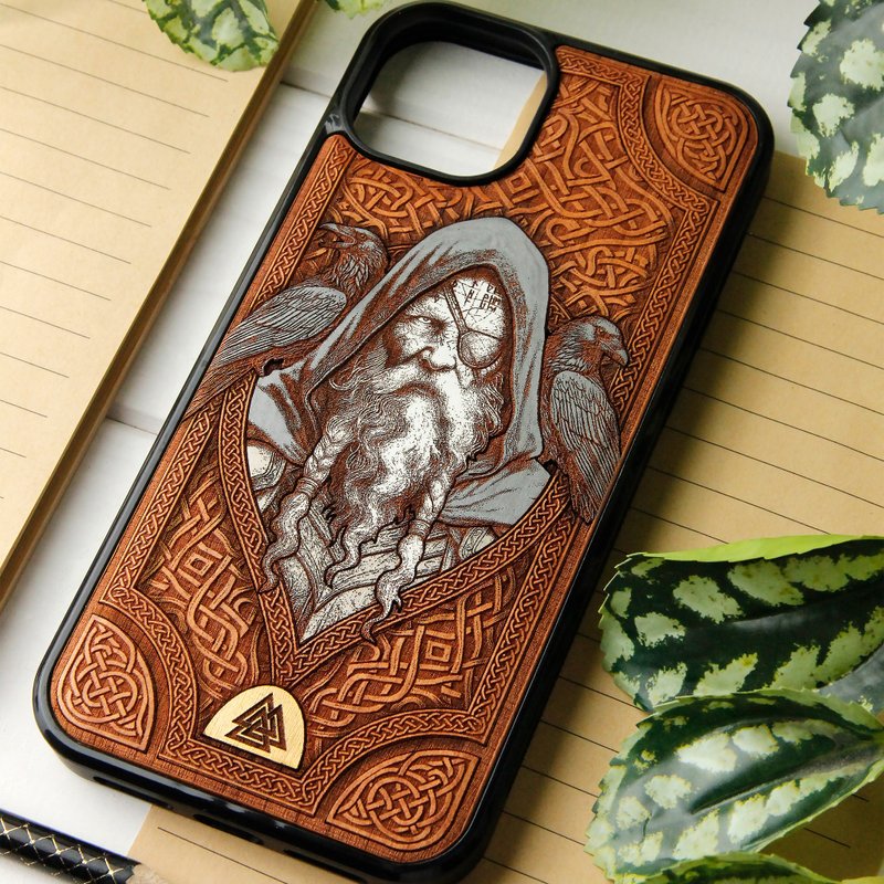 Odino -  Phone case wood laser engraved + hand painting - 手機殼/手機套 - 木頭 咖啡色
