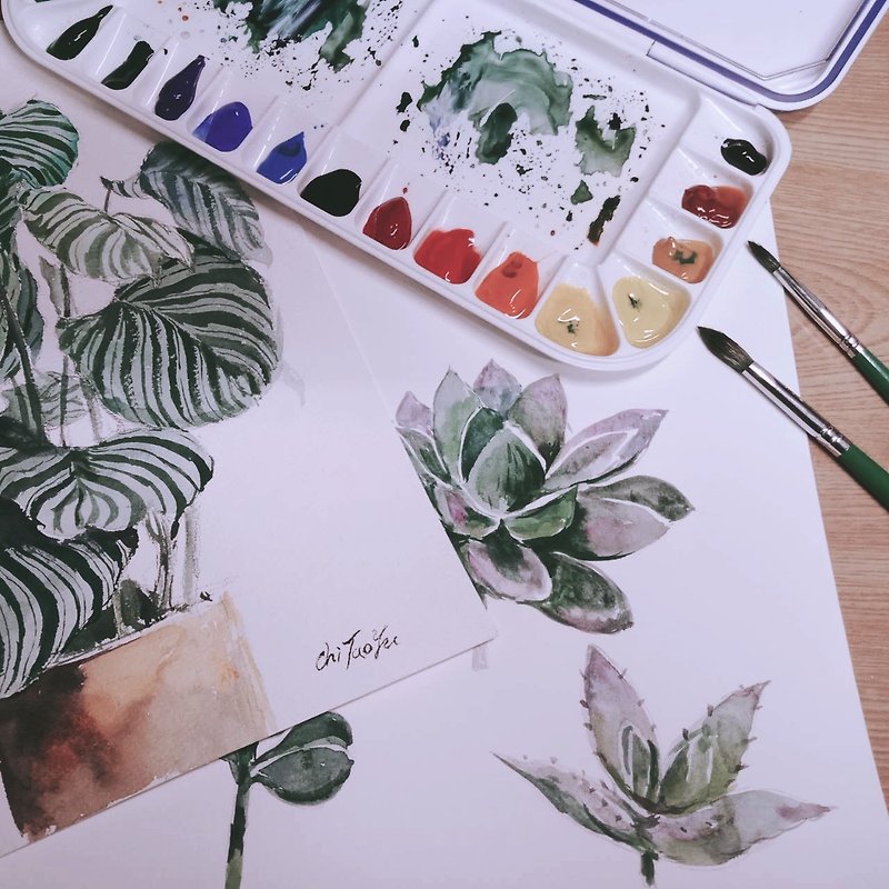 One person enjoys the fun of brushes and paints by doing watercolor painting with healing plants in a group - Illustration, Painting & Calligraphy - Paper 