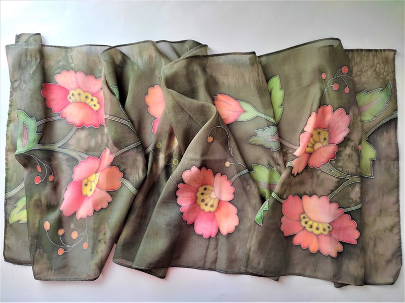 Pink and green scarf Hand painted scarf Floral scarves Cotton and silk scarf - 絲巾 - 絲．絹 卡其色