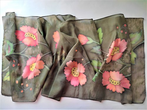 Enya Pink and green scarf Hand painted scarf Floral scarves Cotton and silk scarf