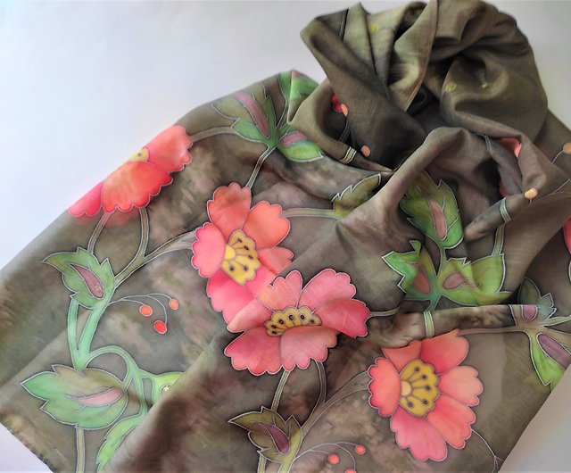 Hand painted silk scarf. Pink floral silk scarf. Painted silk